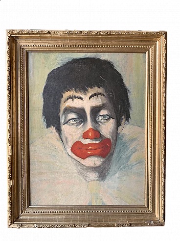 Painting of clown, oil on canvas with plaster frame, 1980s