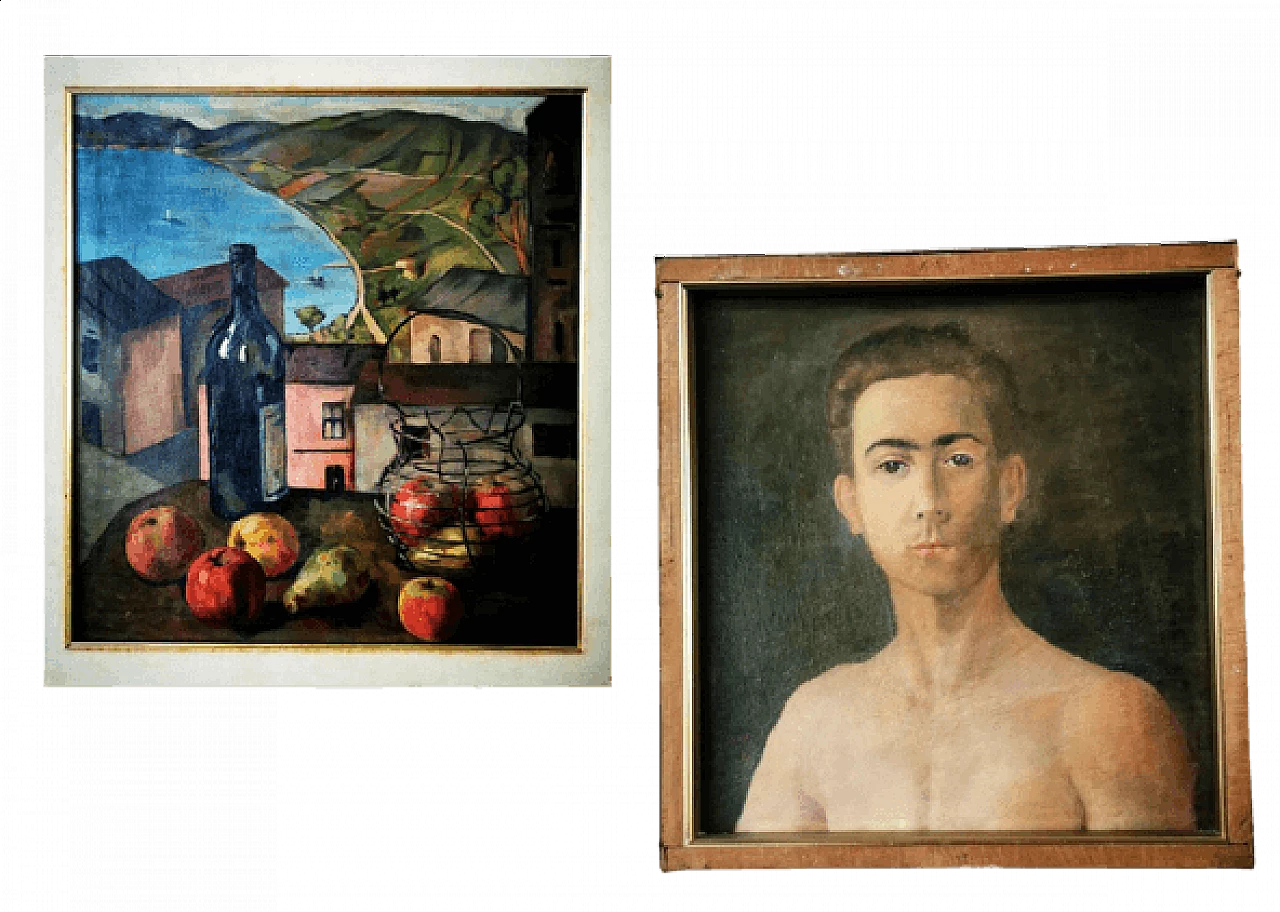 Rossi, still life - Paretti, male portrait, double-sided oil painting on canvas, 1930s 1