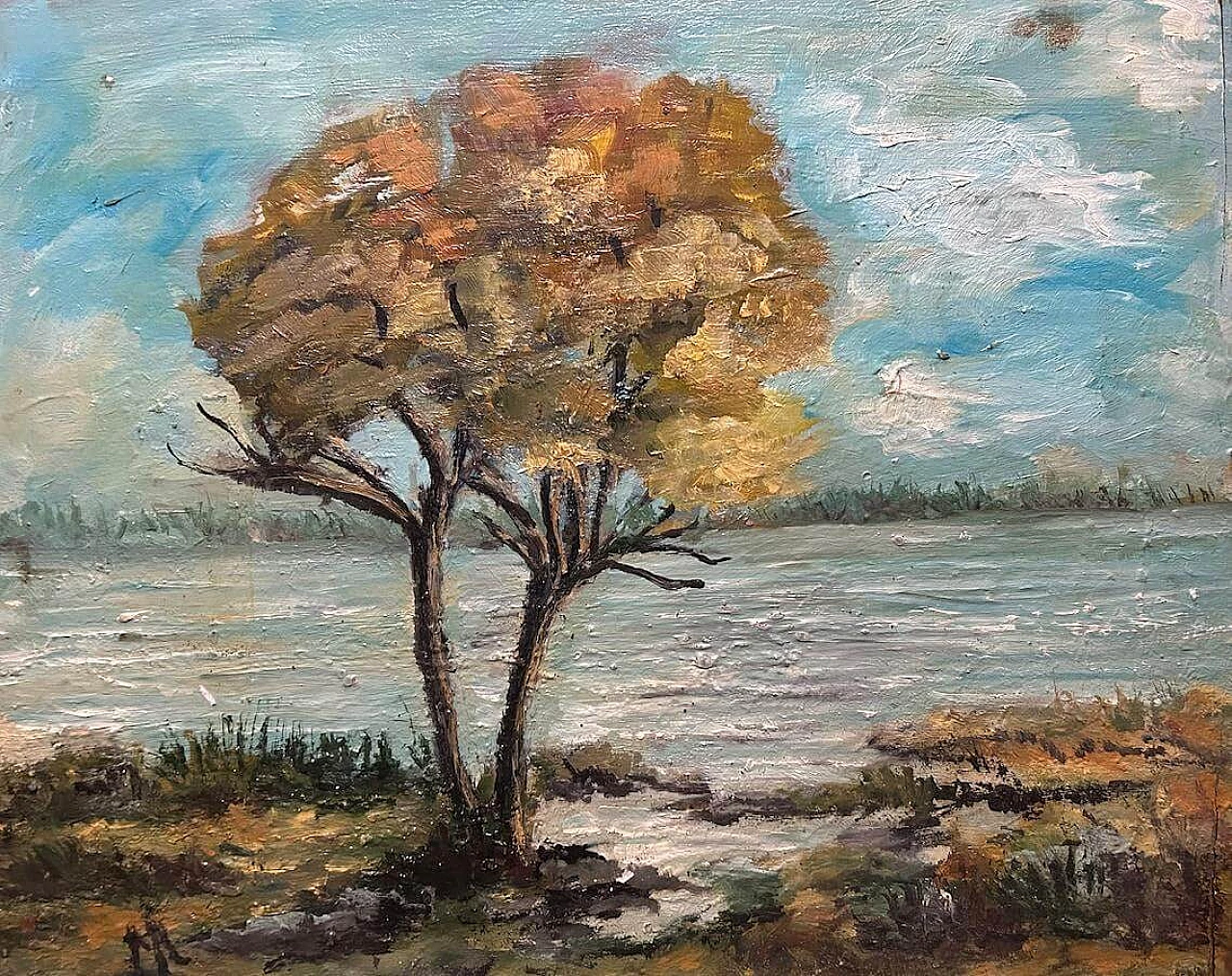 Autumn landscape with river and tree, oil painting on wood, 1940s 1