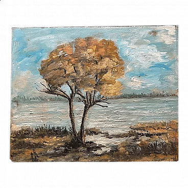 Autumn landscape with river and tree, oil painting on wood, 1940s