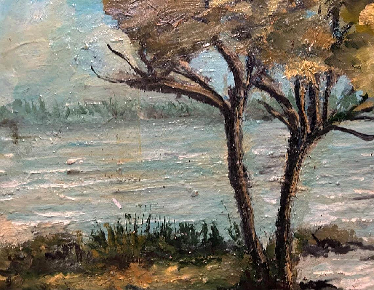 Autumn landscape with river and tree, oil painting on wood, 1940s 4