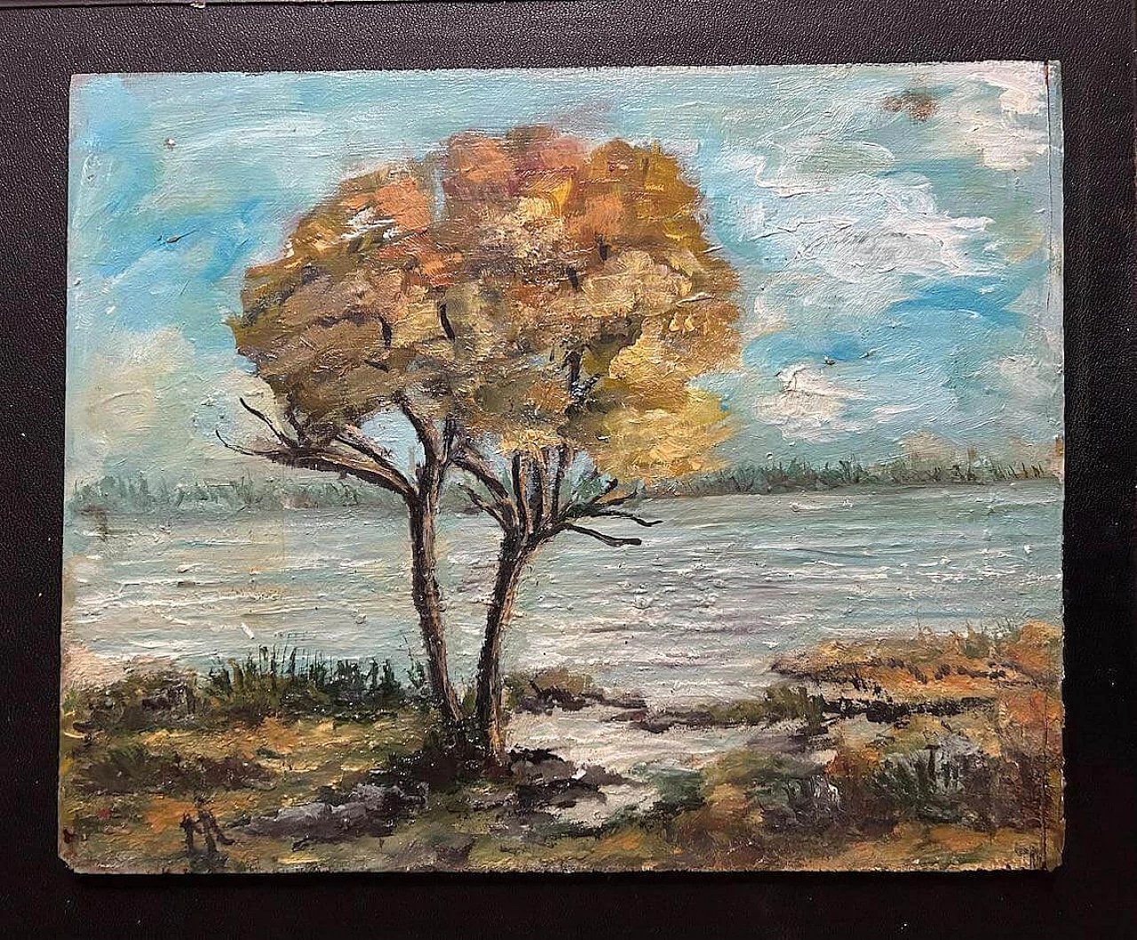 Autumn landscape with river and tree, oil painting on wood, 1940s 8