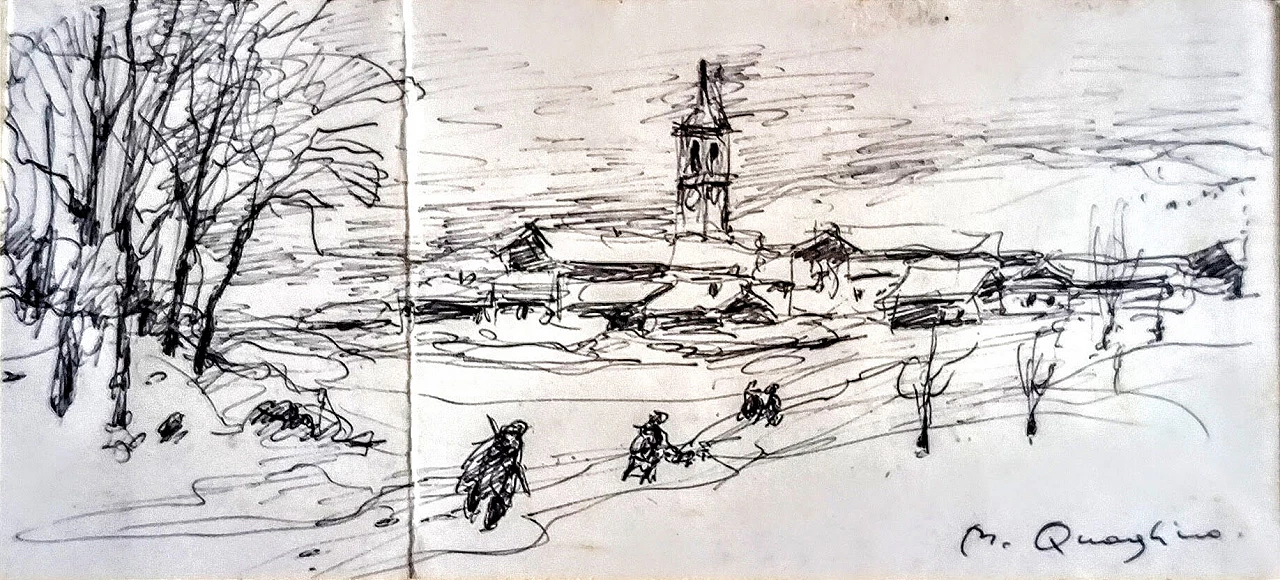 Massimo Quaglino, paesaggio innevato con auguri di Natale, disegno a china, anni '50 1