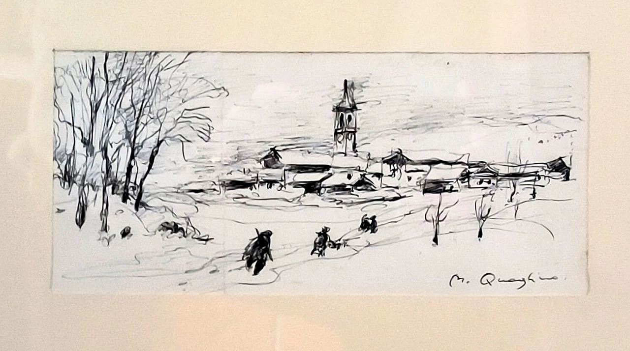 Massimo Quaglino, paesaggio innevato con auguri di Natale, disegno a china, anni '50 2