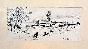 Massimo Quaglino, snowy landscape with Christmas greetings, Indian ink drawing, 1950s