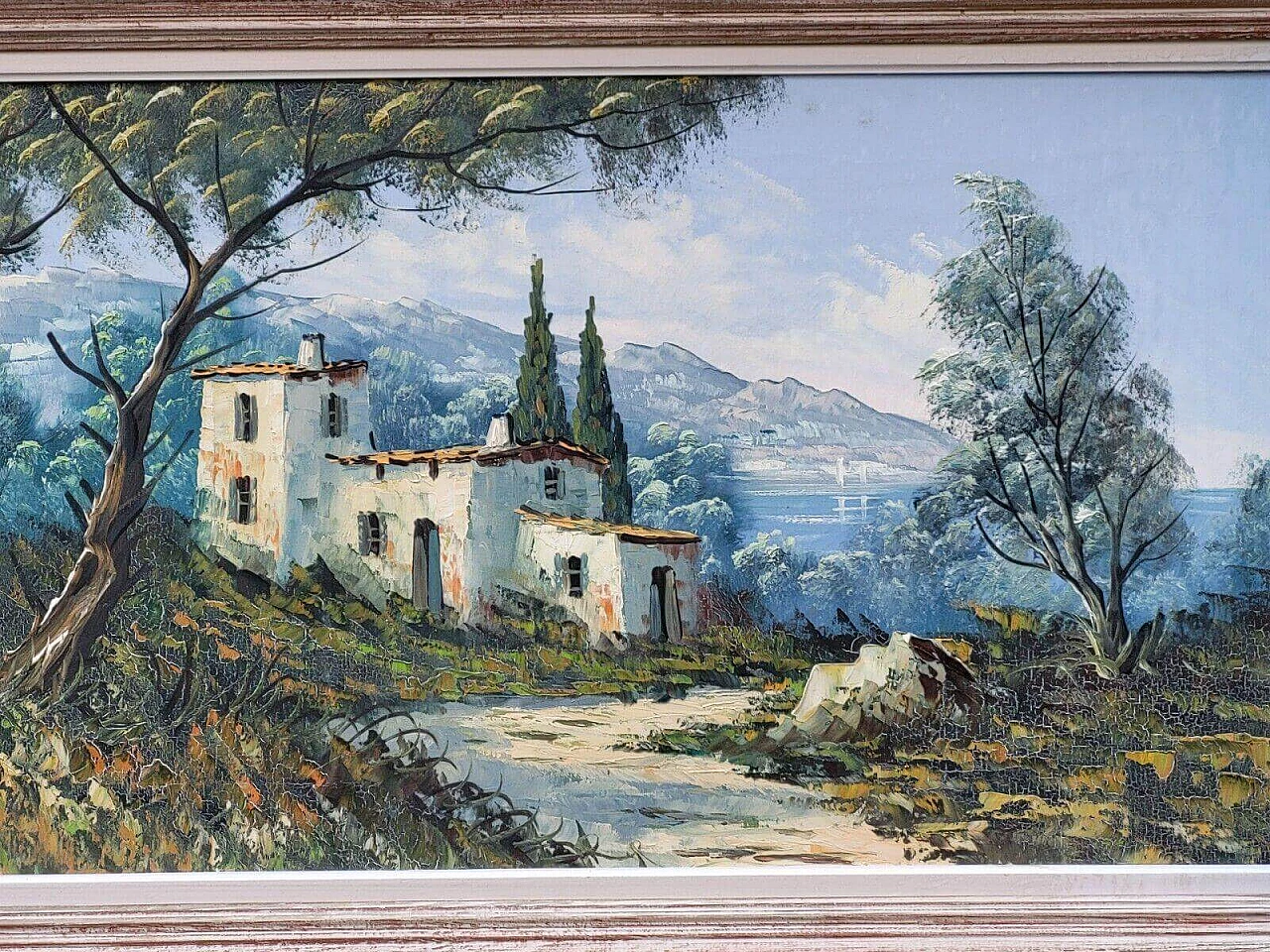 Mountain landscape with buildings, oil painting on canvas, 1940s 1