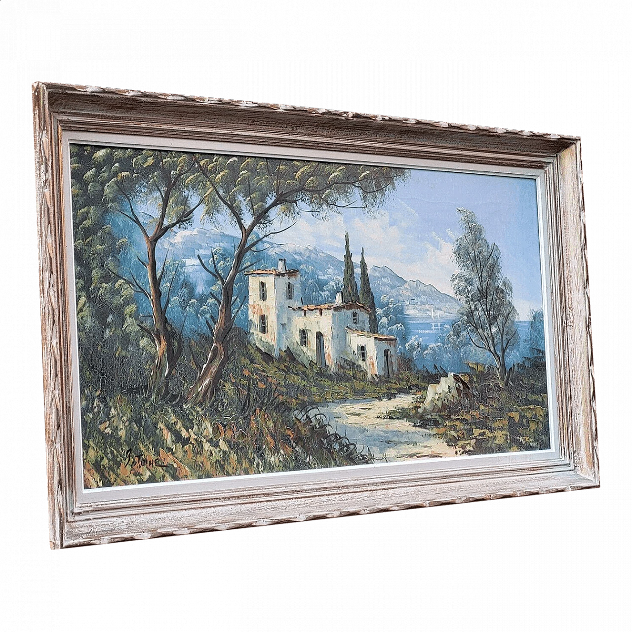 Mountain landscape with buildings, oil painting on canvas, 1940s 2