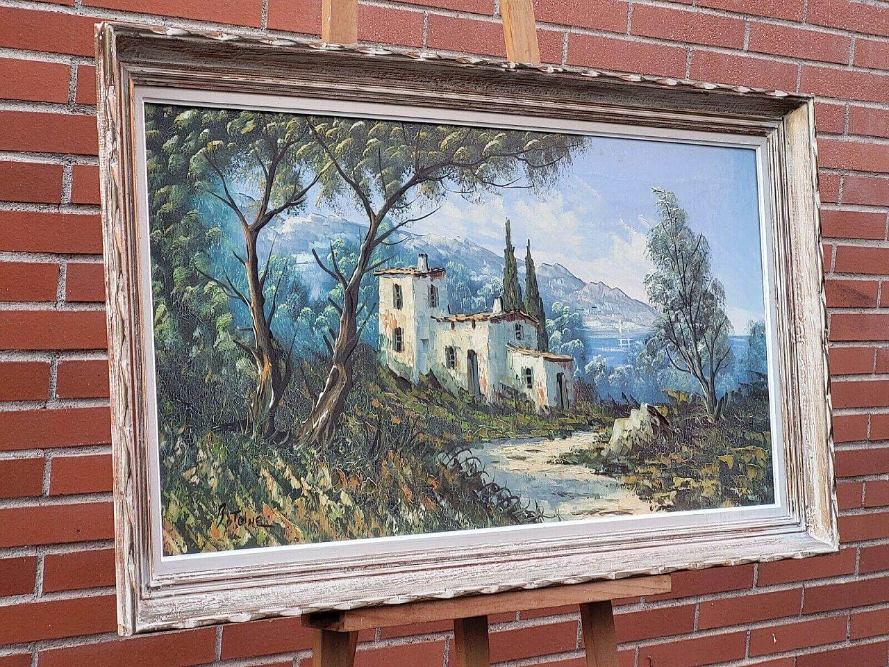 Mountain landscape with buildings, oil painting on canvas, 1940s 4