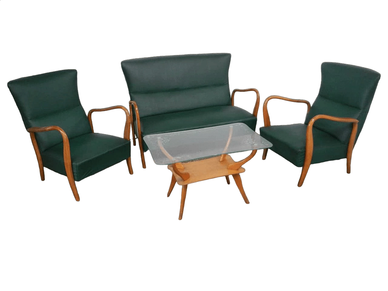 Sofa, pair of armchairs and coffee table in wood, green leatherette and glass, 1950s 13