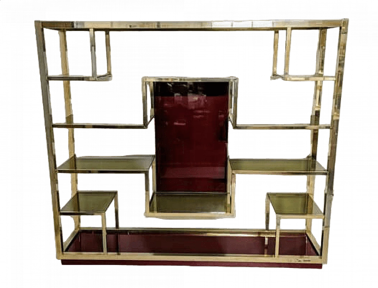 Brass-plated metal bookcase with smoked glass shelves, 1970s 6