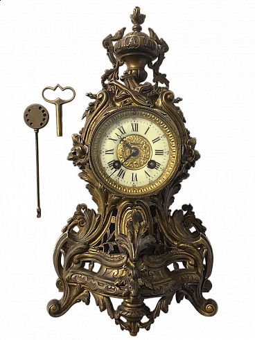 Baroque-style table clock in gilded and chiselled bronze, 1950s