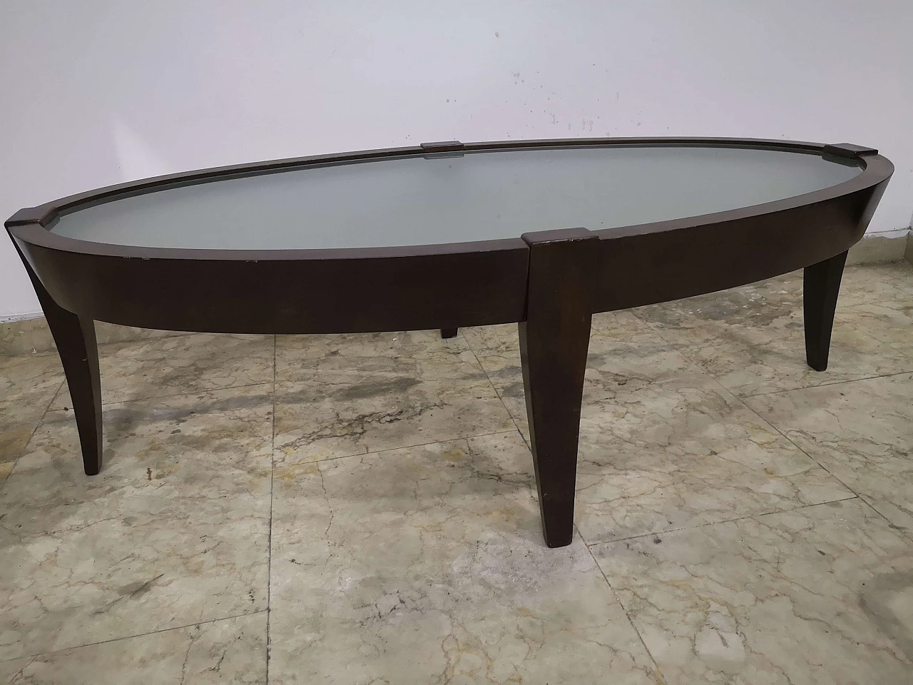 Oval walnut and glass coffee table by Natuzzi, 1970s 6