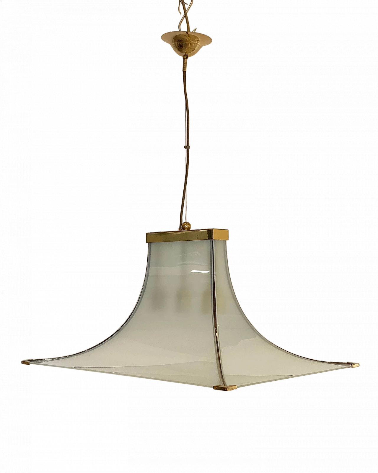 Pagoda chandelier in brass and frosted glass, 1960s 15