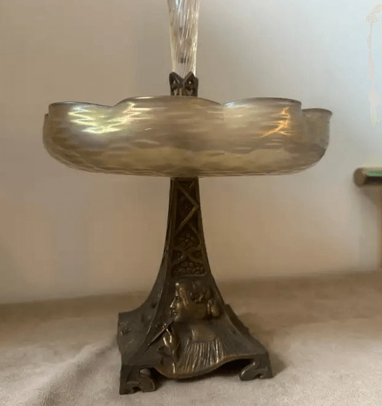 Iridescent glass and brass centrepiece with fruit and flowers, early 20th century 3