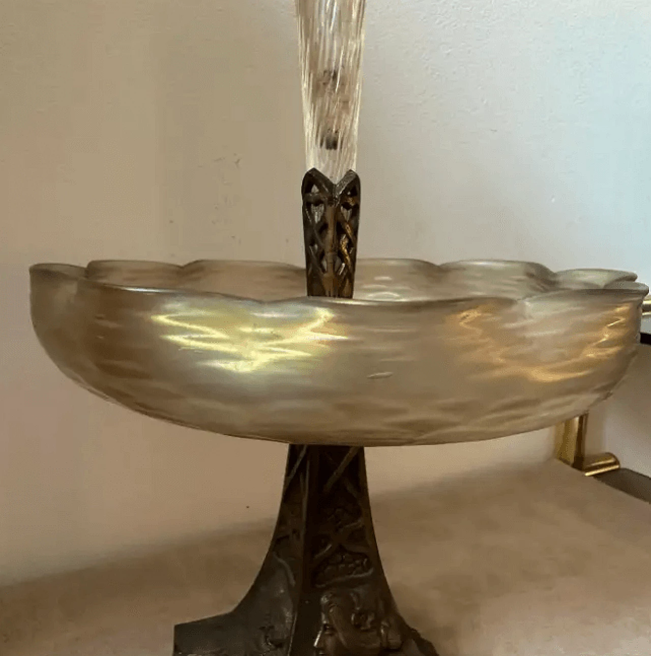 Iridescent glass and brass centrepiece with fruit and flowers, early 20th century 5