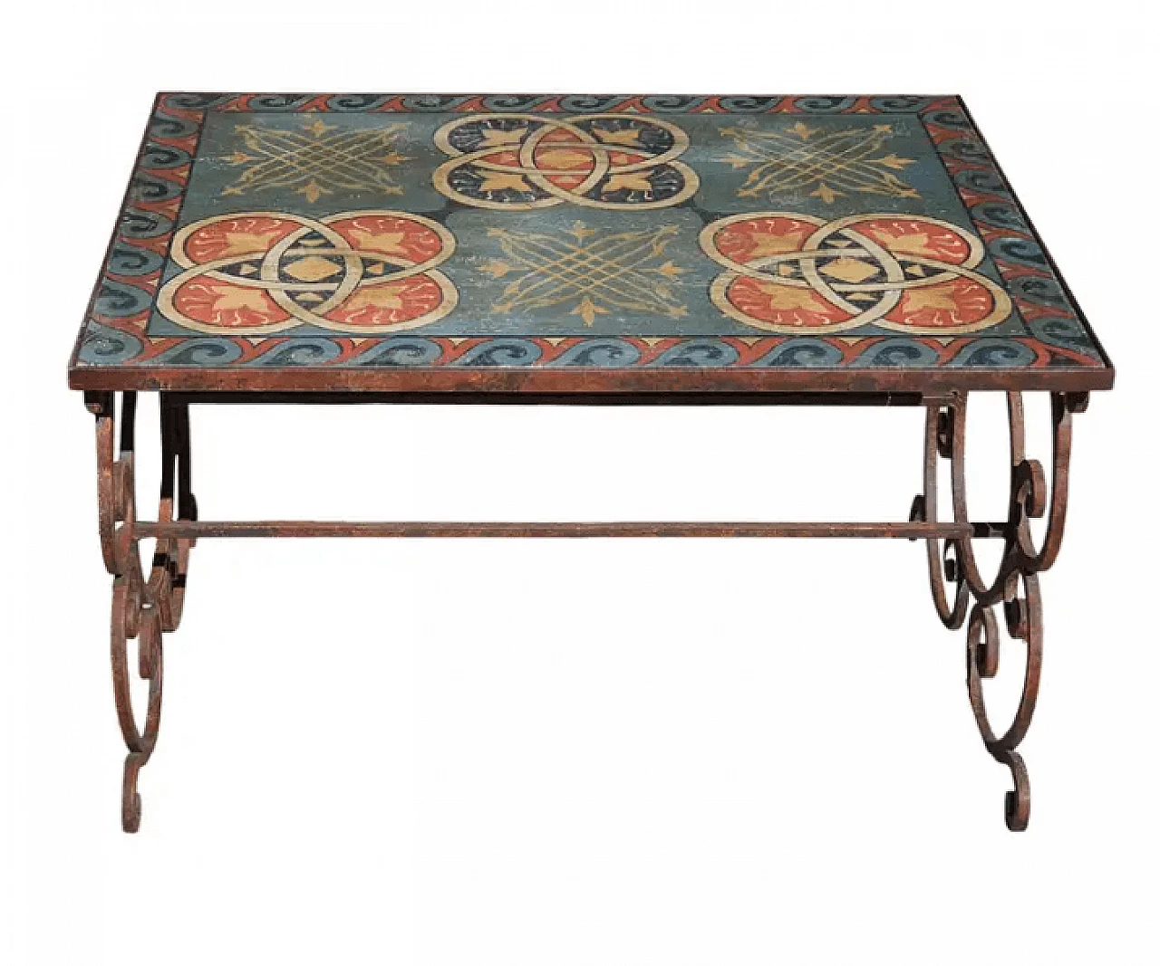 Coffee table in wrought iron and hand-painted wood, 2000s 1