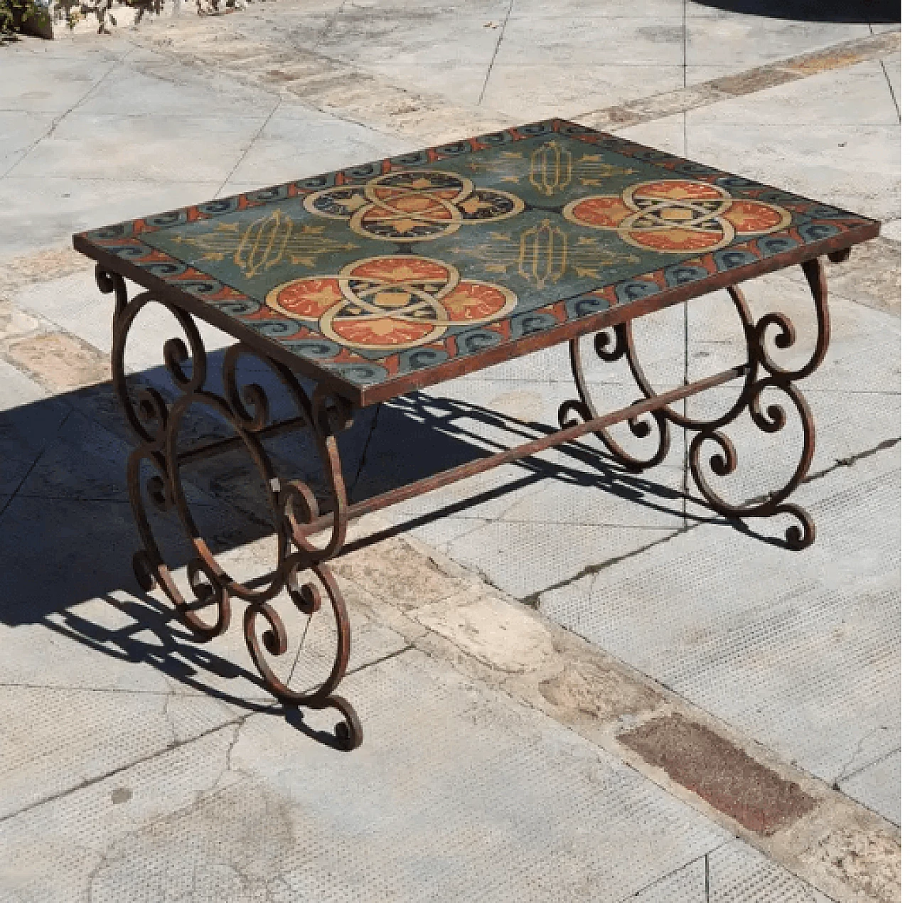 Coffee table in wrought iron and hand-painted wood, 2000s 2