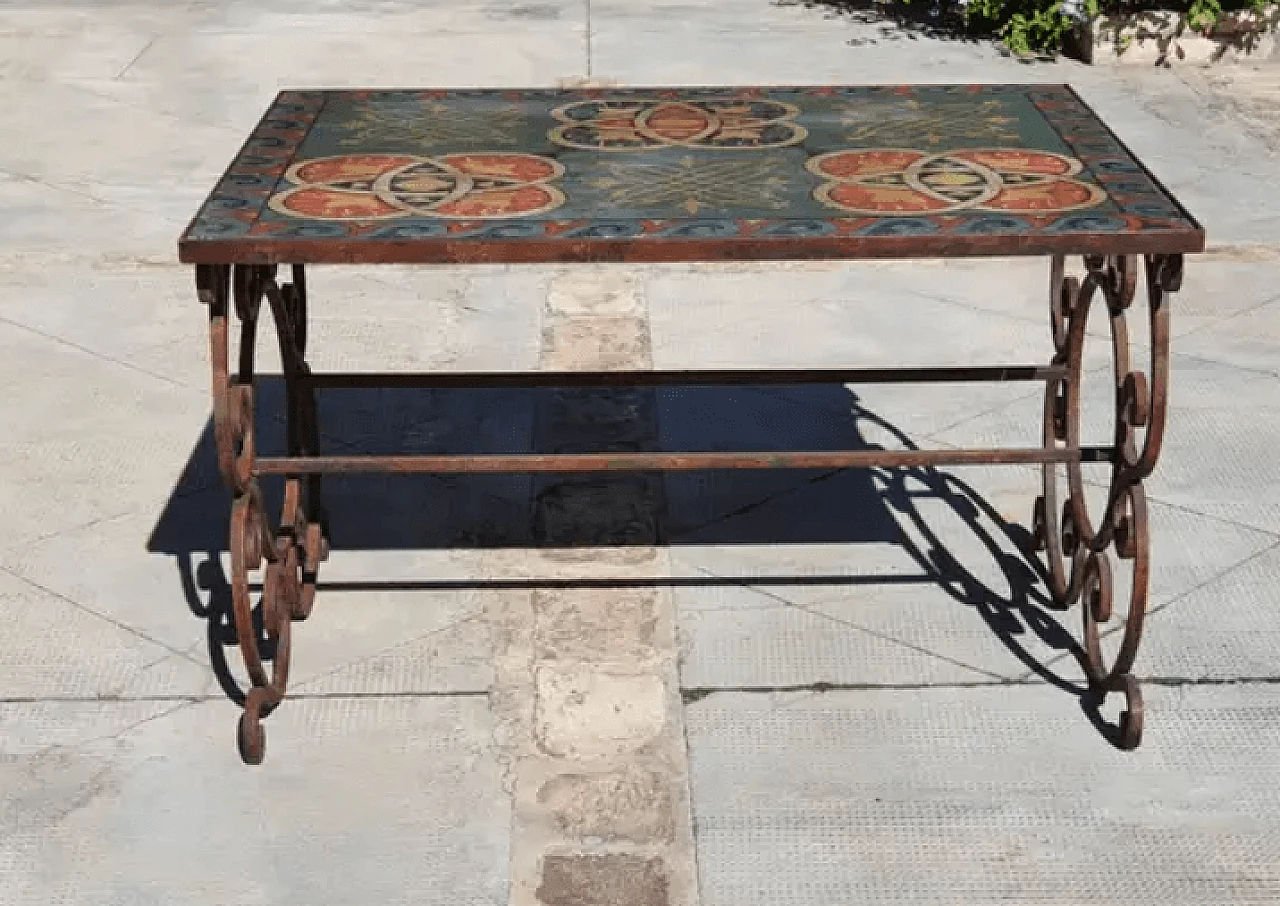 Coffee table in wrought iron and hand-painted wood, 2000s 3