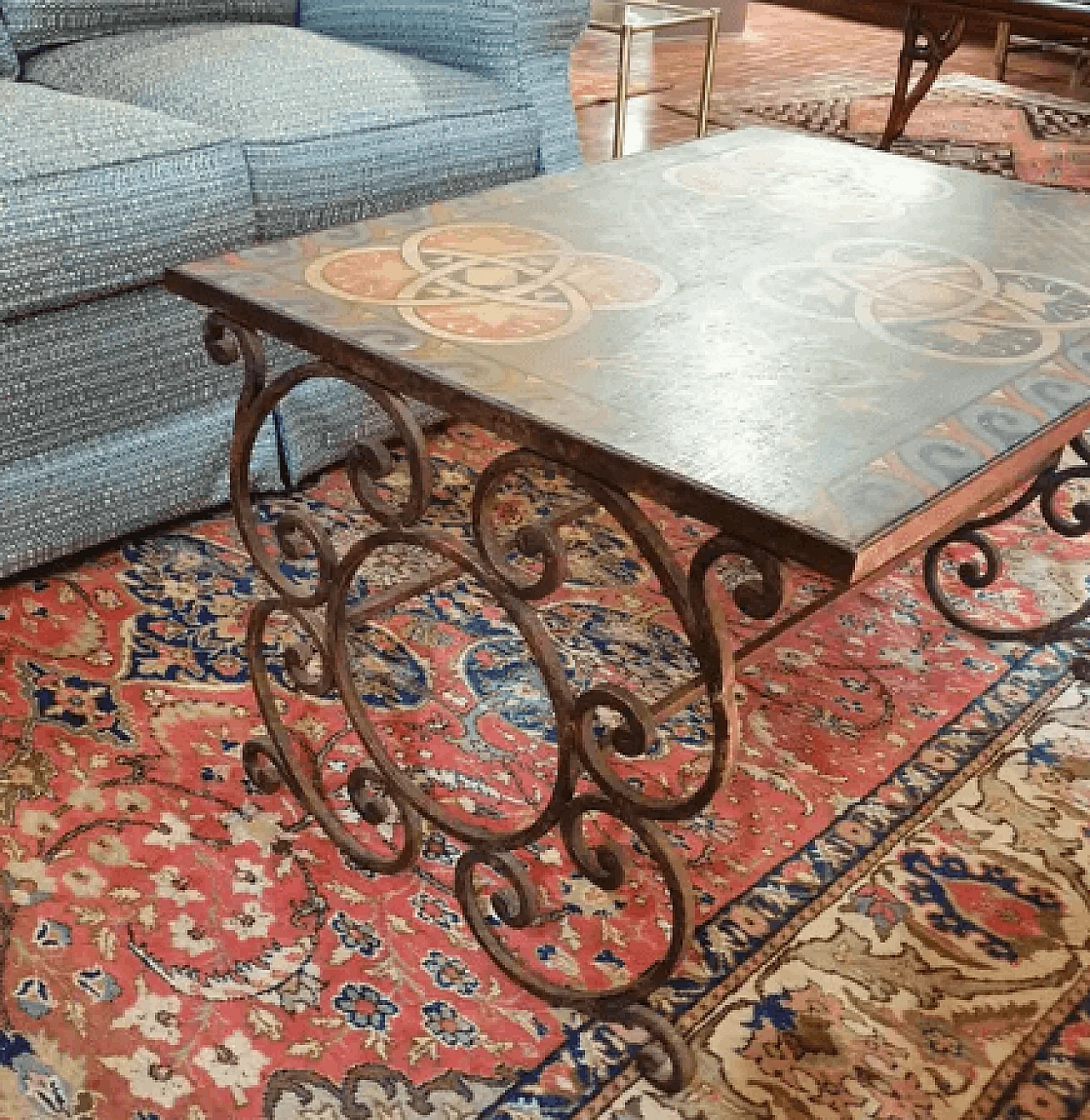 Coffee table in wrought iron and hand-painted wood, 2000s 5