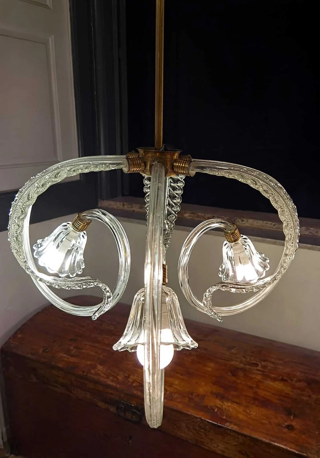 Lampadario a tre luci attribuito a Ercole Barovier per Barovier & Toso, anni '40 11