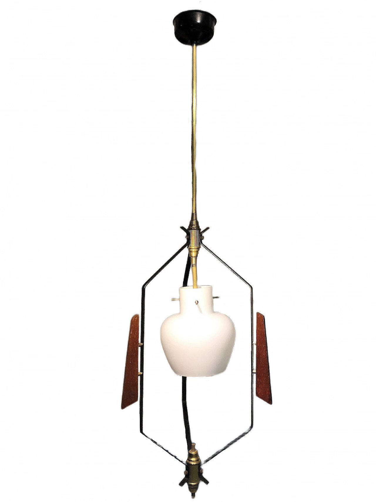 Teak, brass and glass hanging lamp attributed to Stilnovo, 1960s 1