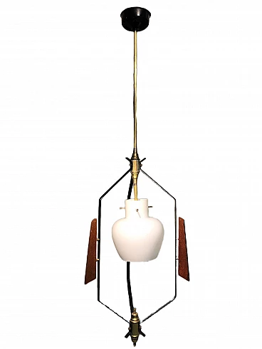 Teak, brass and glass hanging lamp attributed to Stilnovo, 1960s