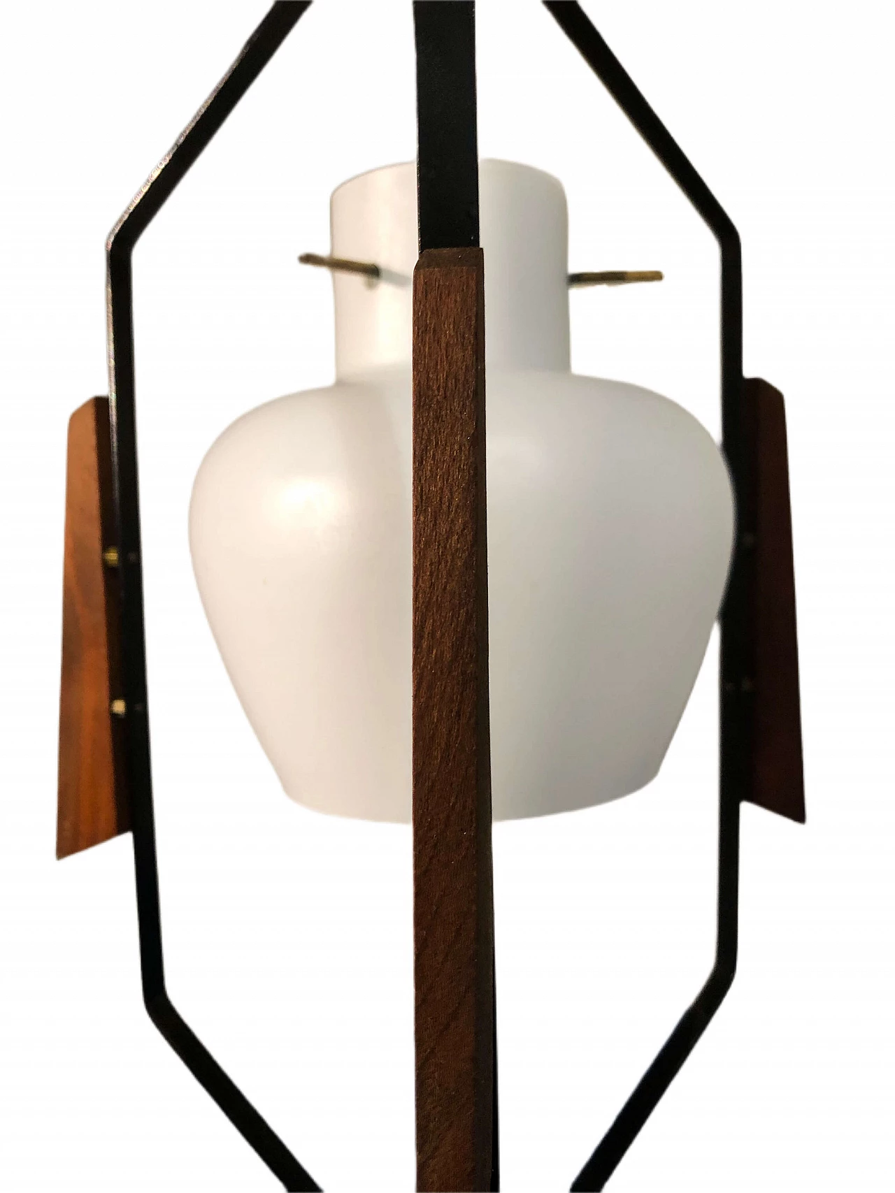 Teak, brass and glass hanging lamp attributed to Stilnovo, 1960s 4