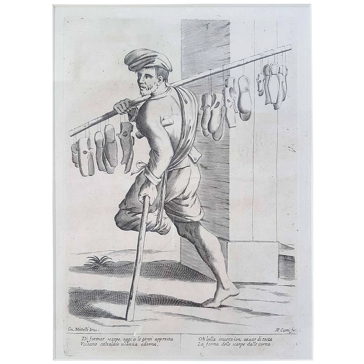 Francesco Curti, Shoe vendor, etching, 17th century 1