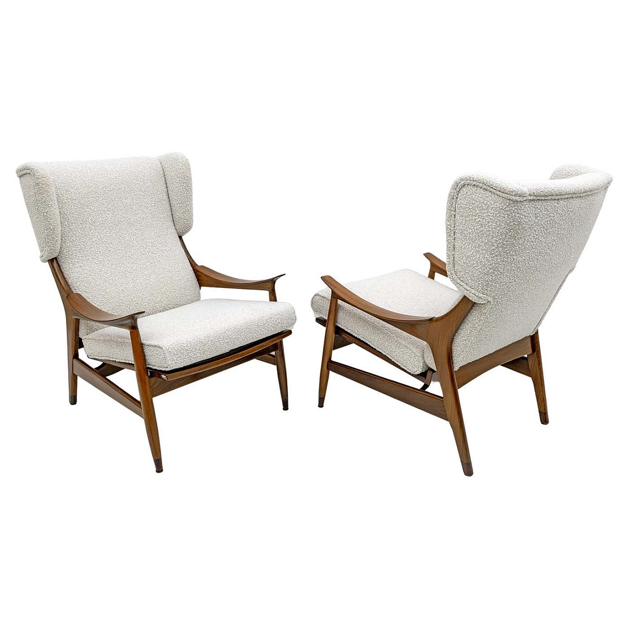 Pair of FM 106 teak and bouclé armchairs by Framar, 1950s 1