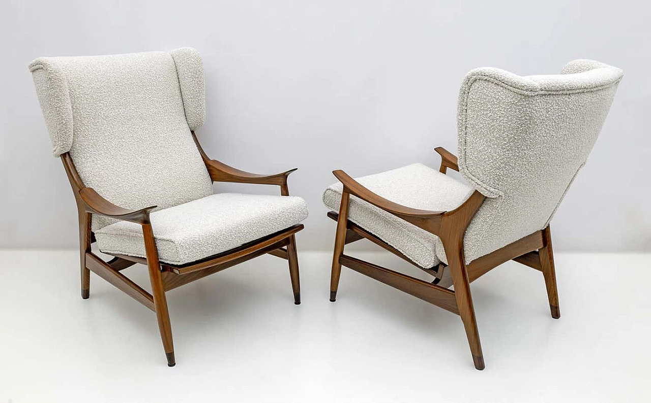 Pair of FM 106 teak and bouclé armchairs by Framar, 1950s 2