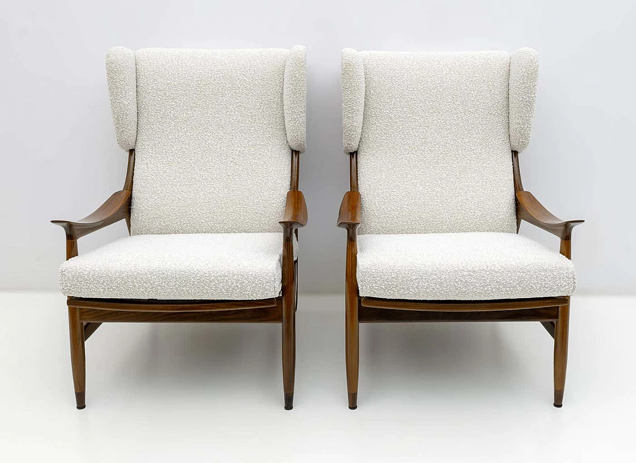 Pair of FM 106 teak and bouclé armchairs by Framar, 1950s 3