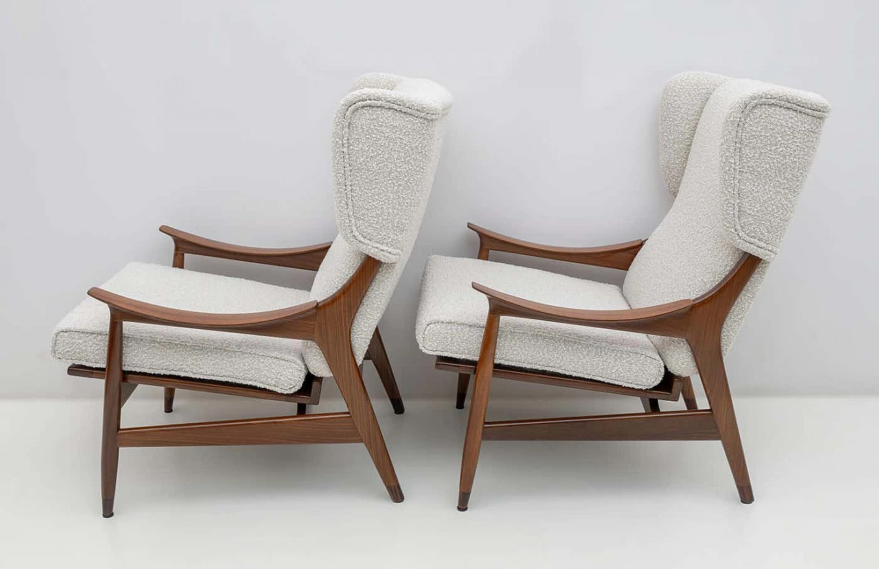 Pair of FM 106 teak and bouclé armchairs by Framar, 1950s 4