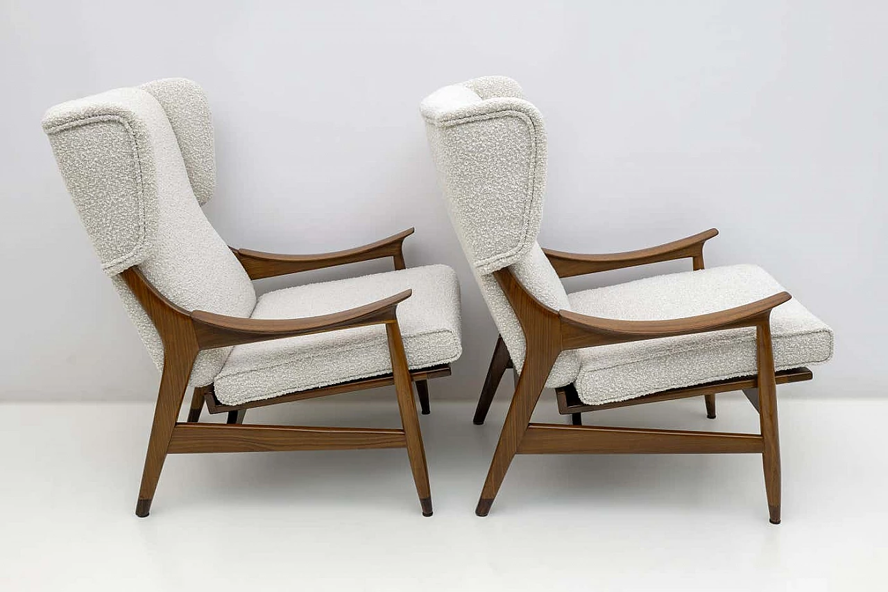 Pair of FM 106 teak and bouclé armchairs by Framar, 1950s 5