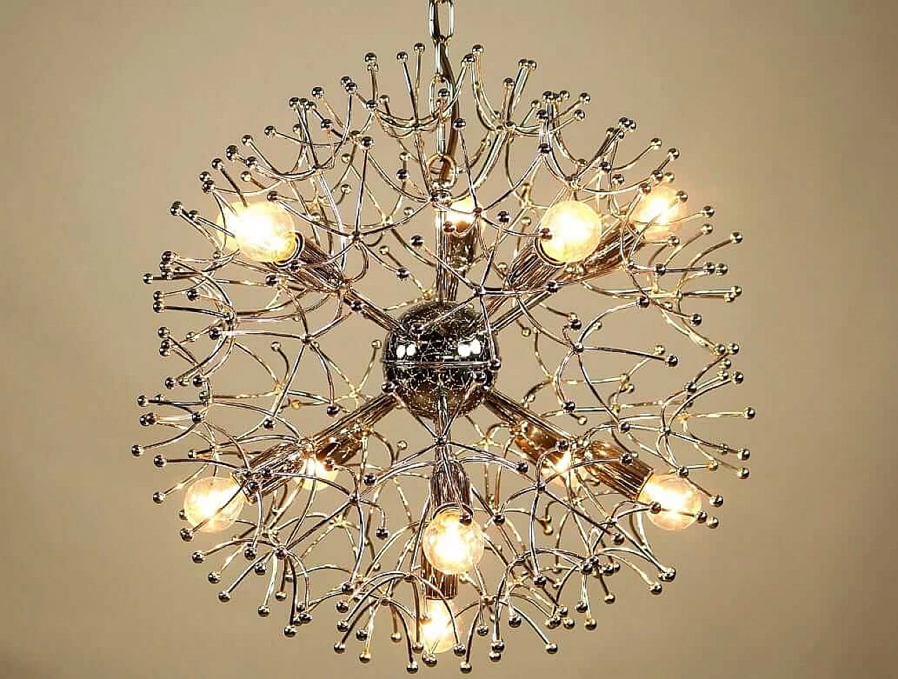 Lampadario Sputnik in ottone cromato di Gaetano Sciolari, anni '70 10