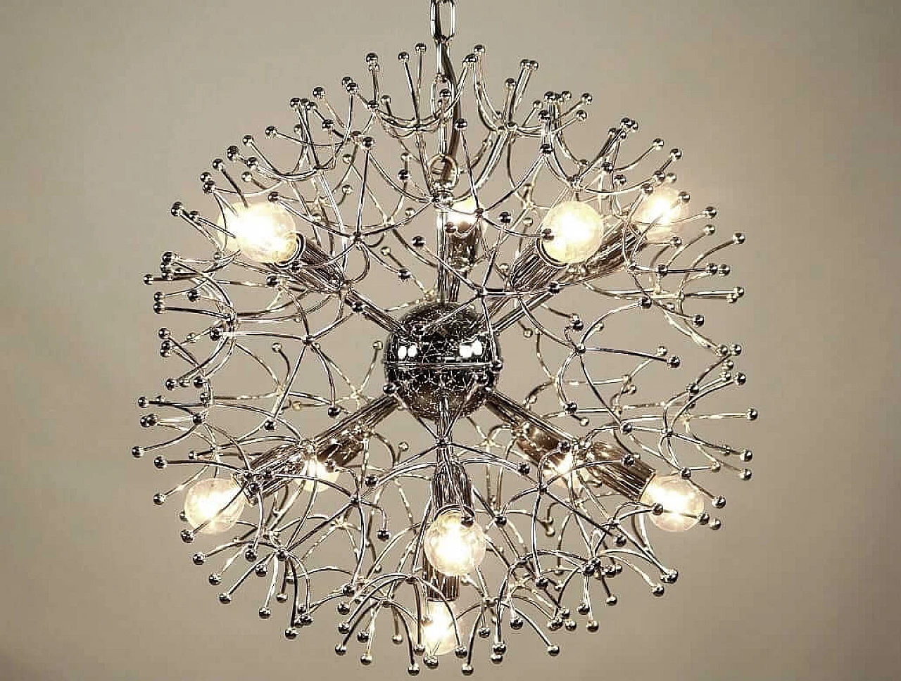 Lampadario Sputnik in ottone cromato di Gaetano Sciolari, anni '70 11