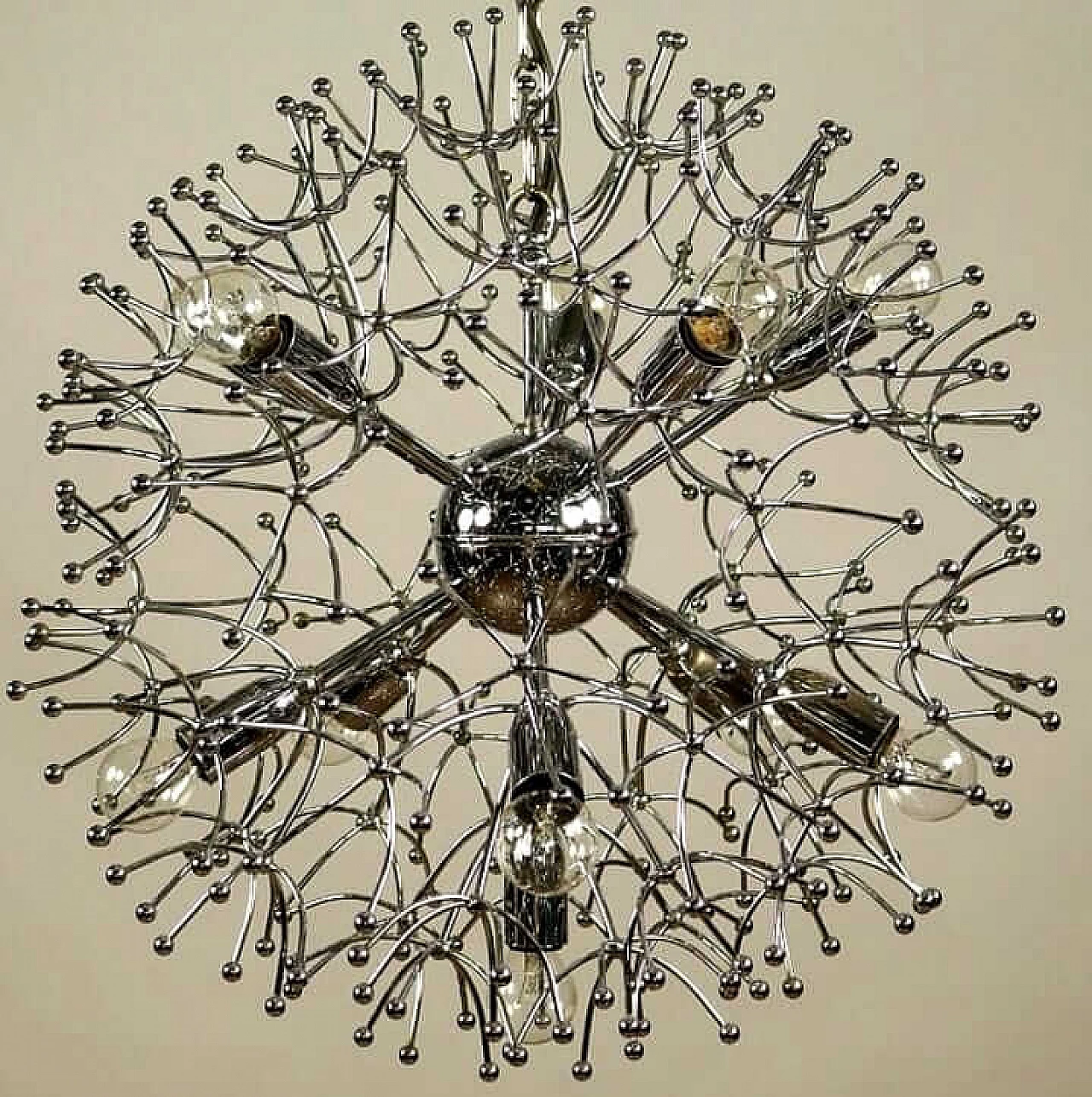 Lampadario Sputnik in ottone cromato di Gaetano Sciolari, anni '70 12