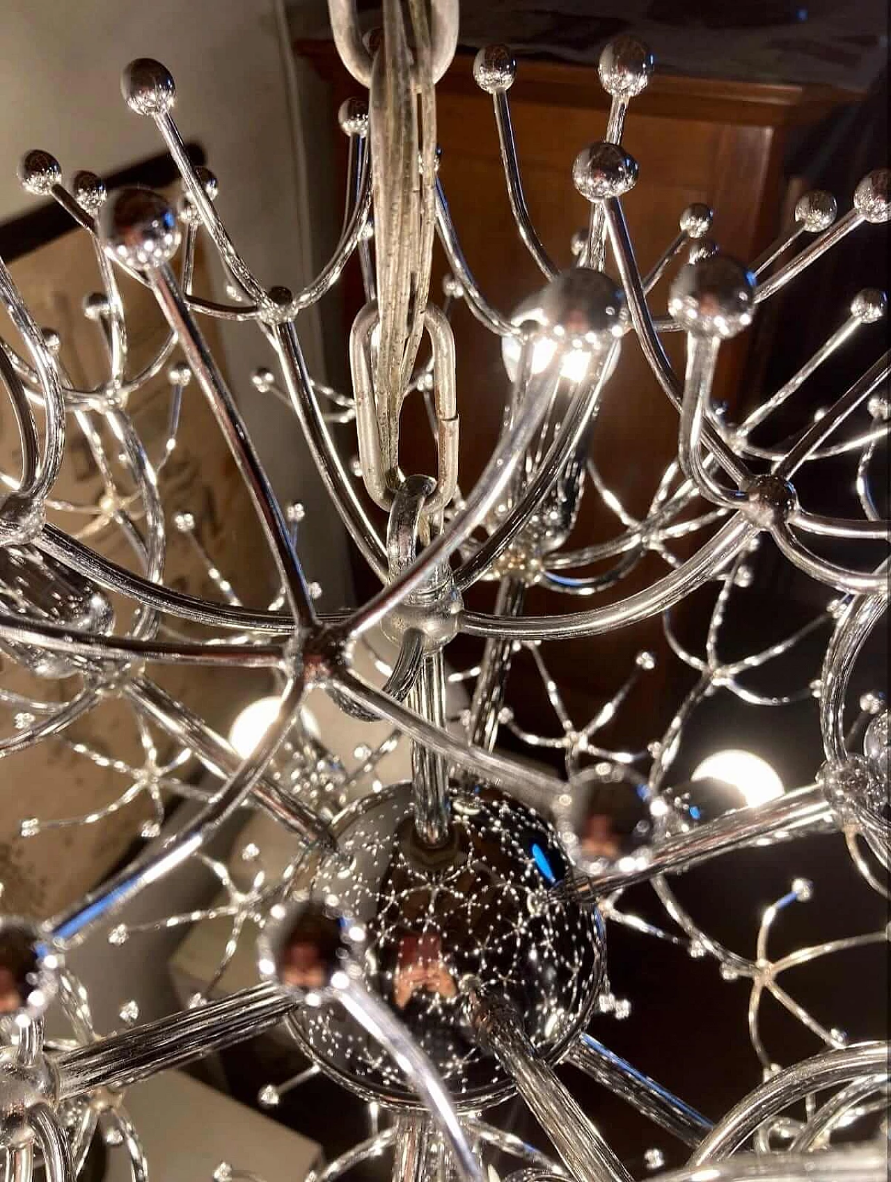 Lampadario Sputnik in ottone cromato di Gaetano Sciolari, anni '70 14