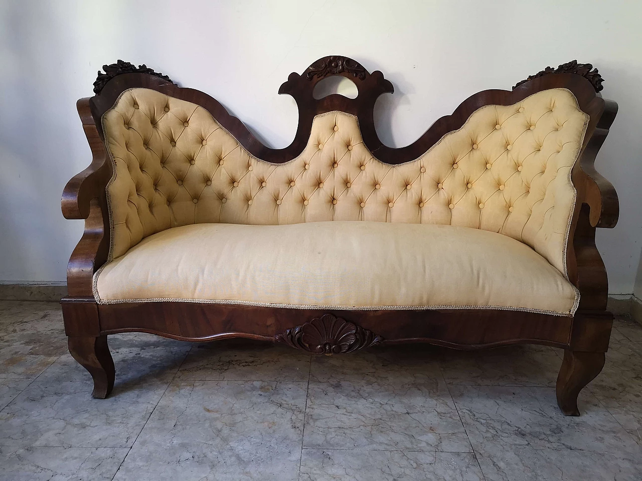 Louis Philippe two-seater sofa in walnut and fabric, 19th century 1