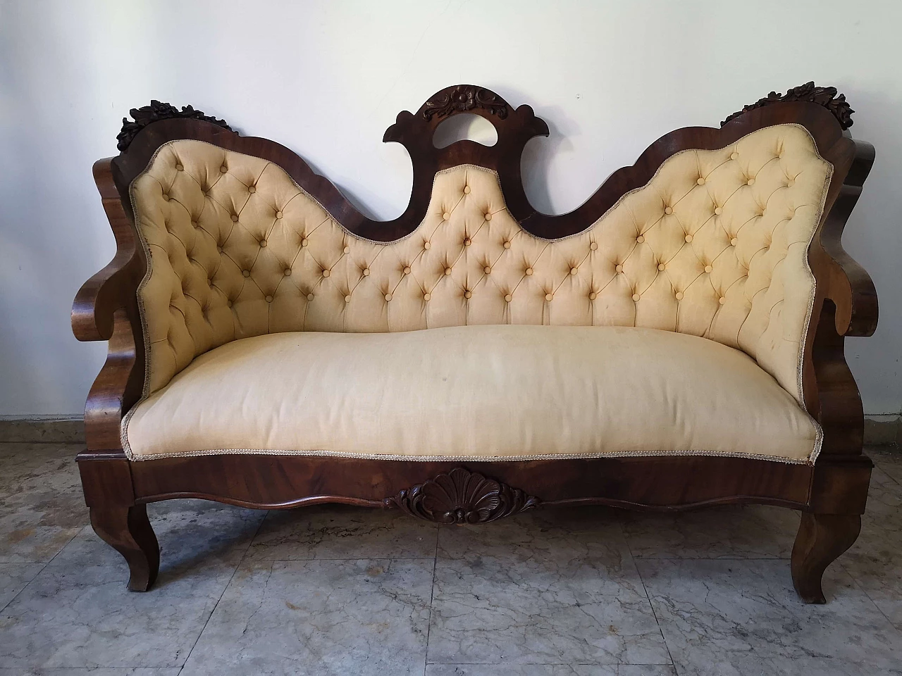 Louis Philippe two-seater sofa in walnut and fabric, 19th century 2