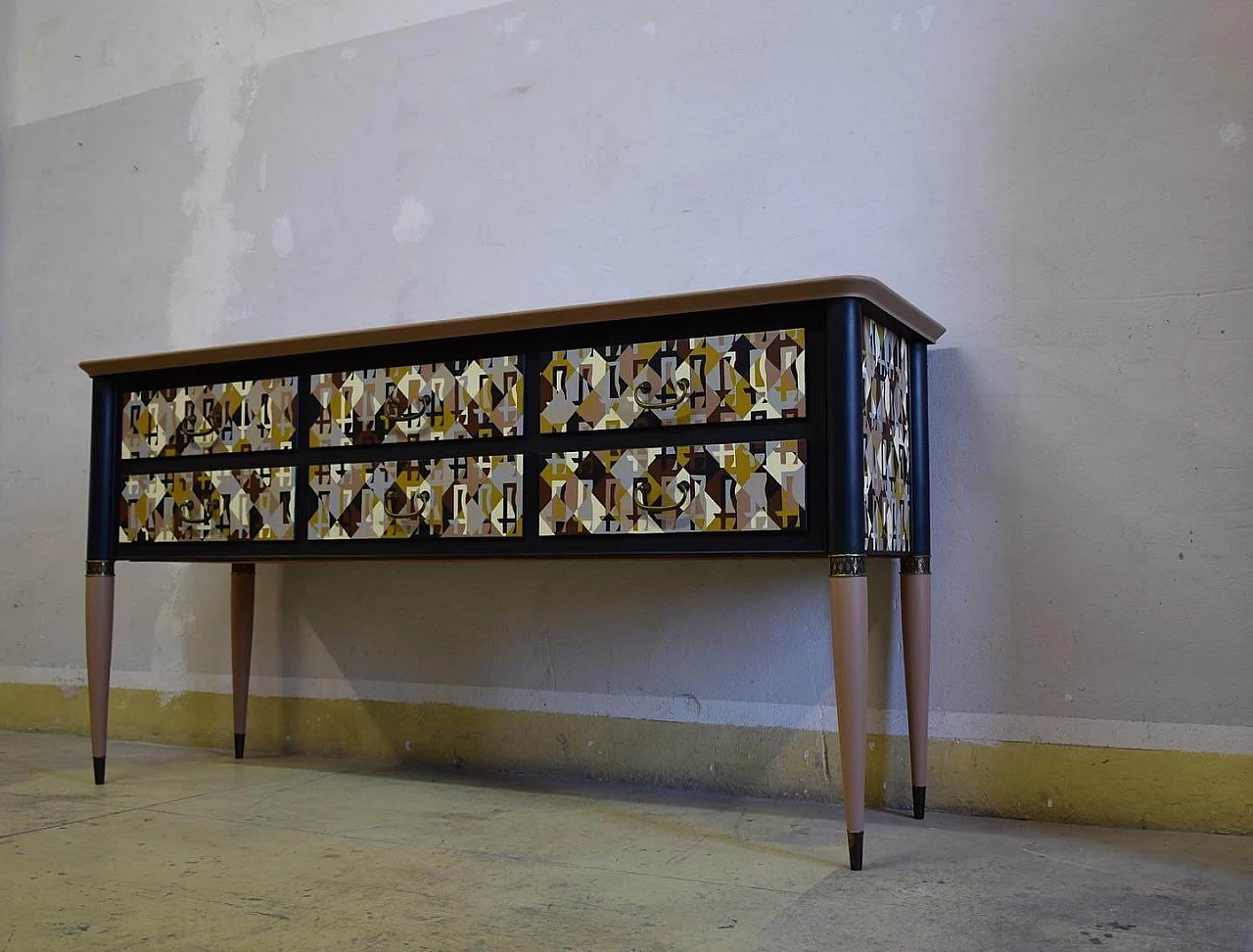 Monogram lacquered wood chest of drawers, 1950s 8