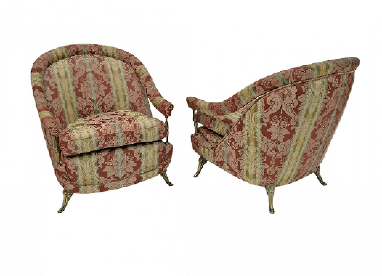 Pair of French Art Deco brass and fabric armchairs, 1950s 1