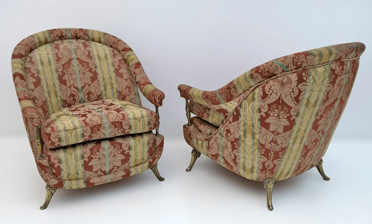 Pair of French Art Deco brass and fabric armchairs, 1950s 2