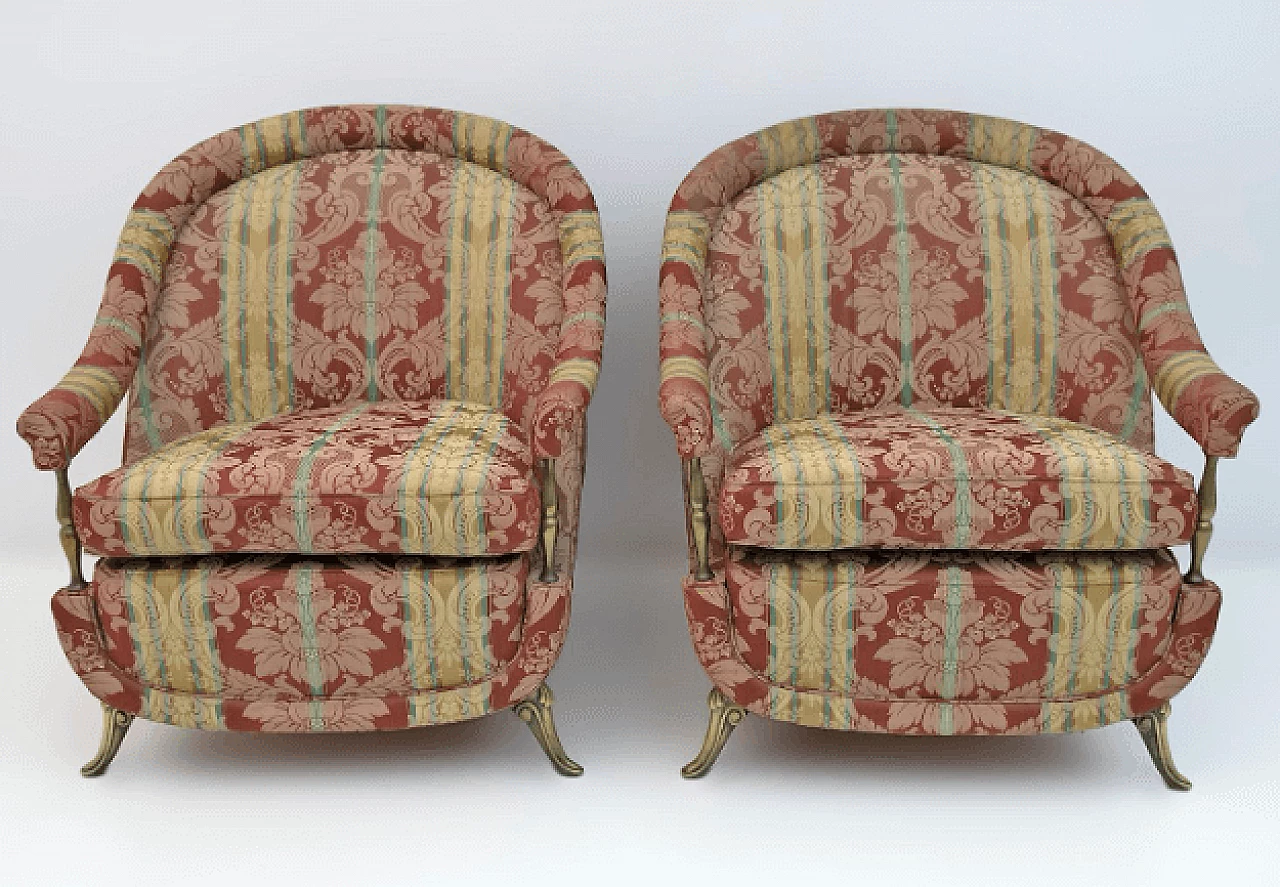 Pair of French Art Deco brass and fabric armchairs, 1950s 3