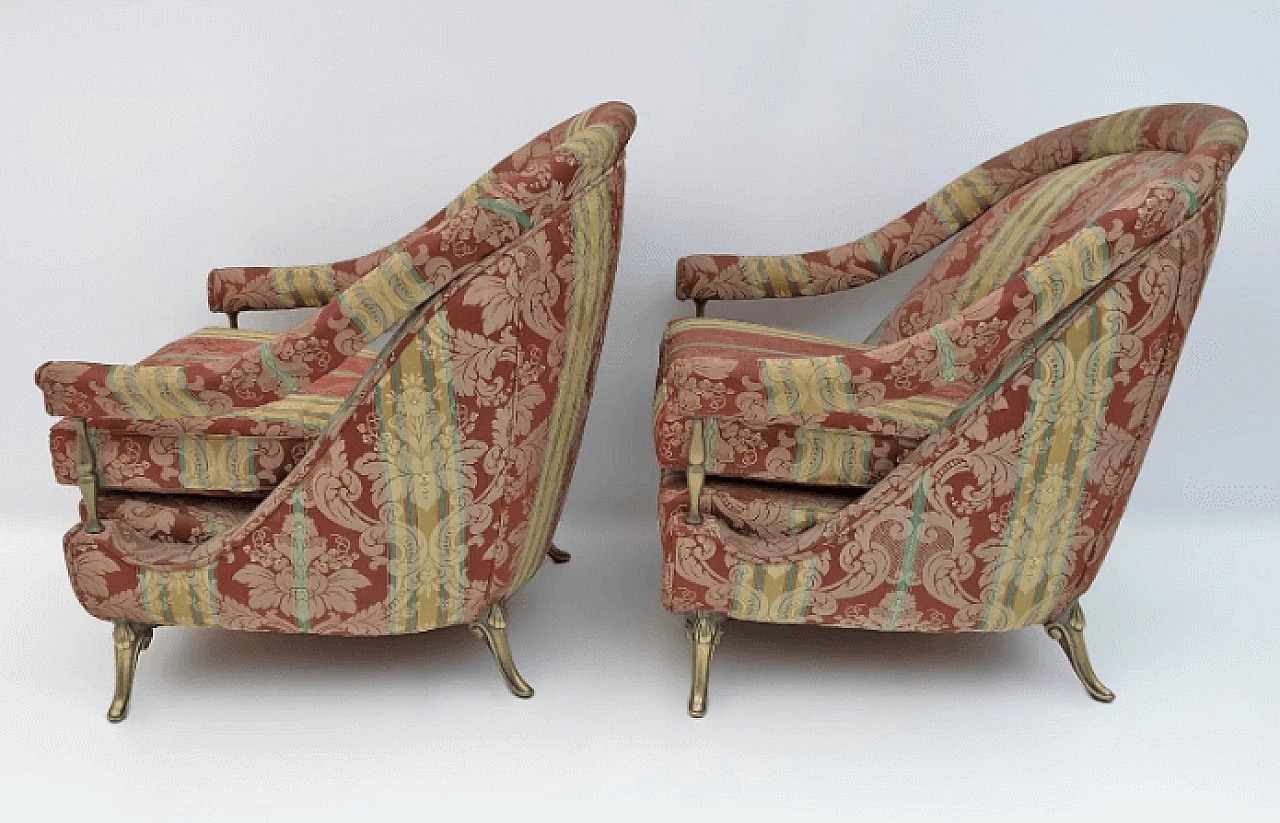 Pair of French Art Deco brass and fabric armchairs, 1950s 5