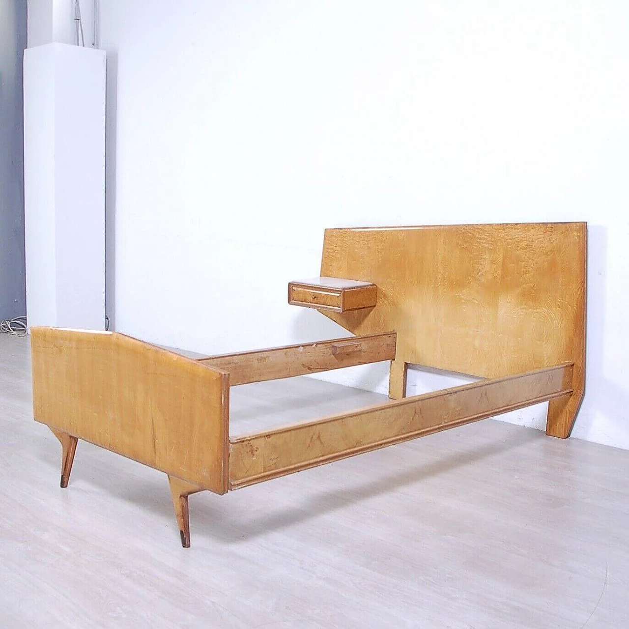 Wood veneered single bed with suspended drawer, 1950s 1