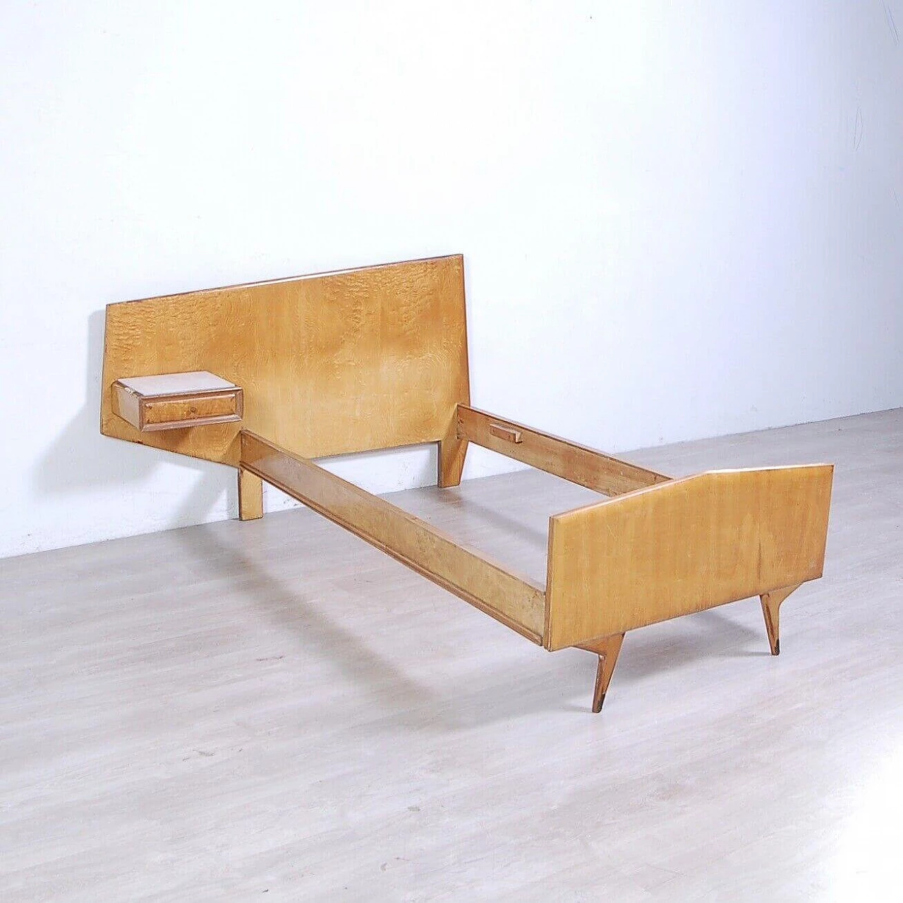 Wood veneered single bed with suspended drawer, 1950s 3