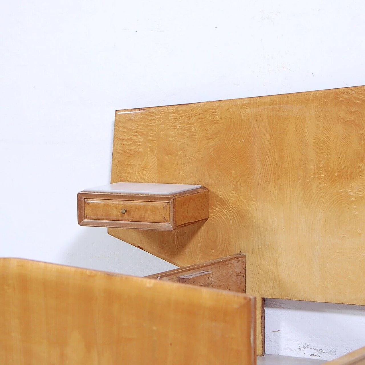 Wood veneered single bed with suspended drawer, 1950s 4