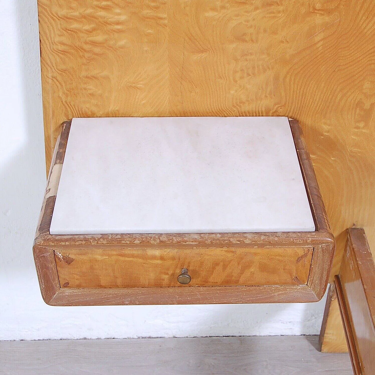 Wood veneered single bed with suspended drawer, 1950s 9