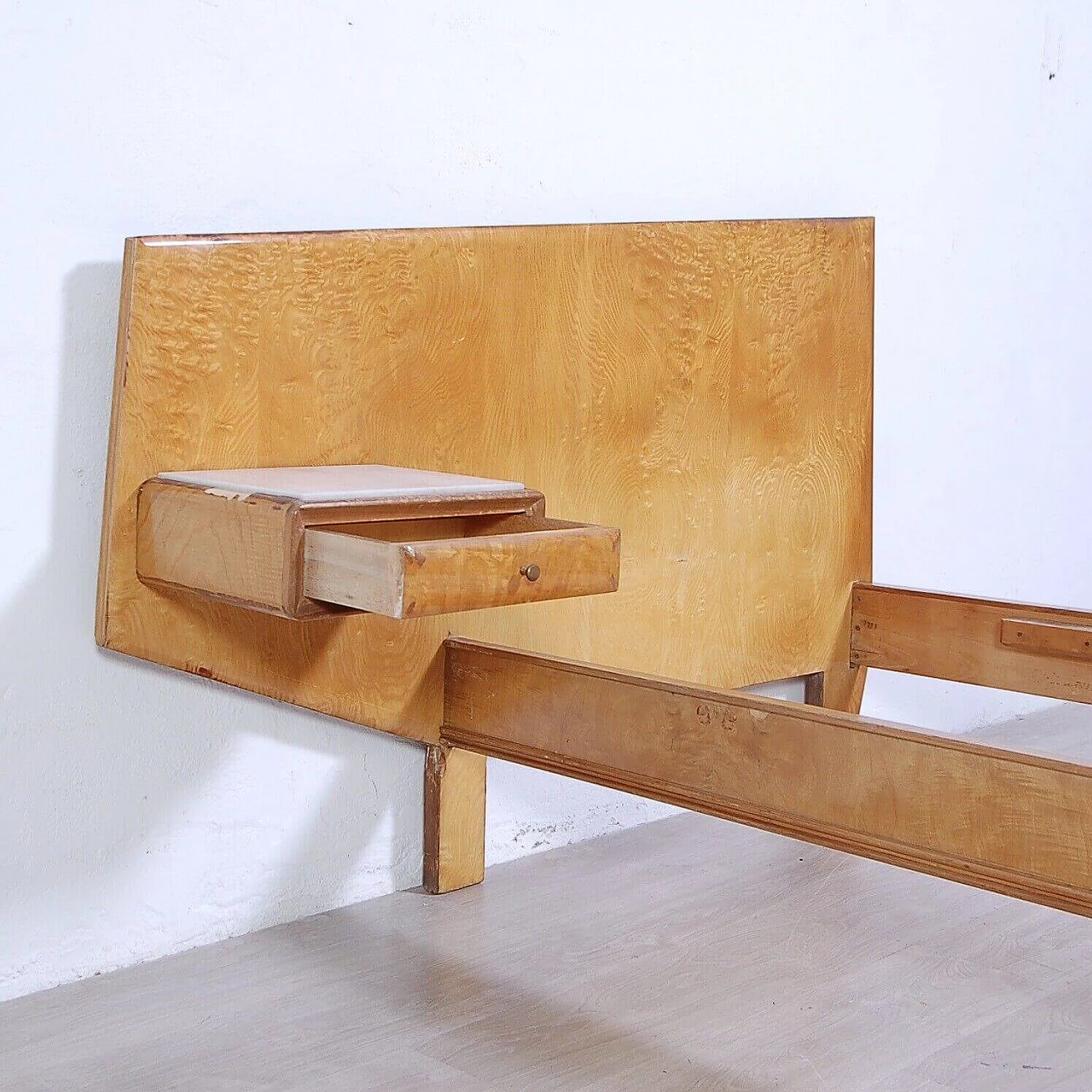 Wood veneered single bed with suspended drawer, 1950s 10