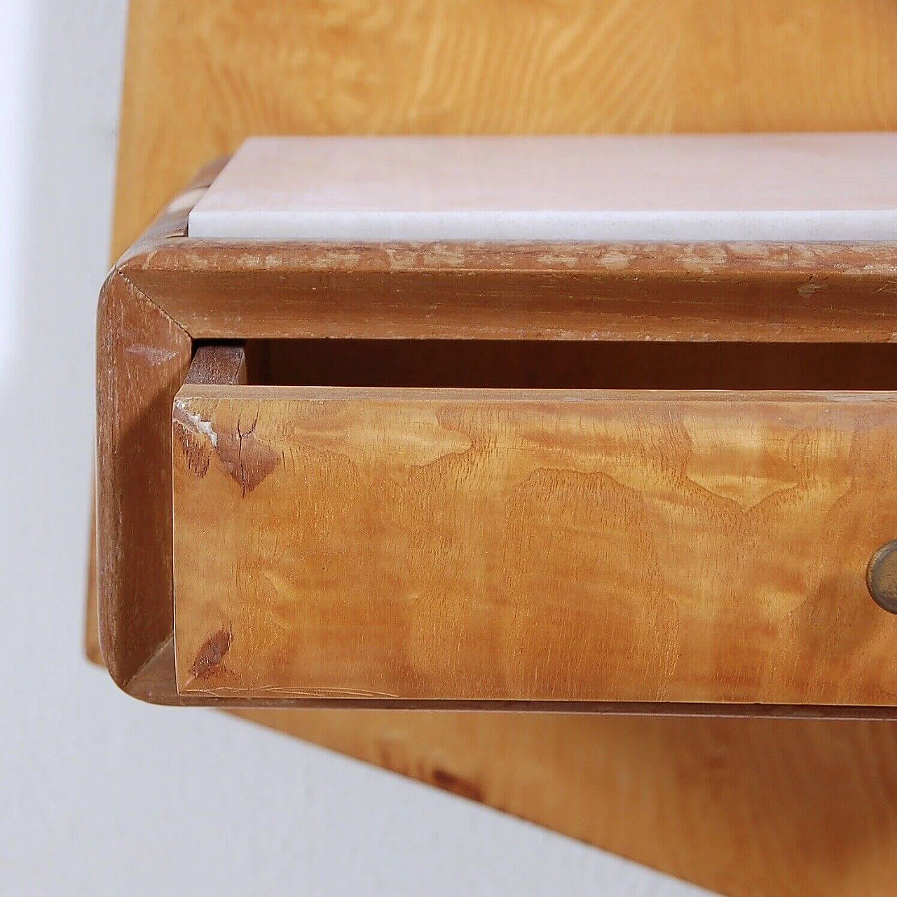 Wood veneered single bed with suspended drawer, 1950s 11